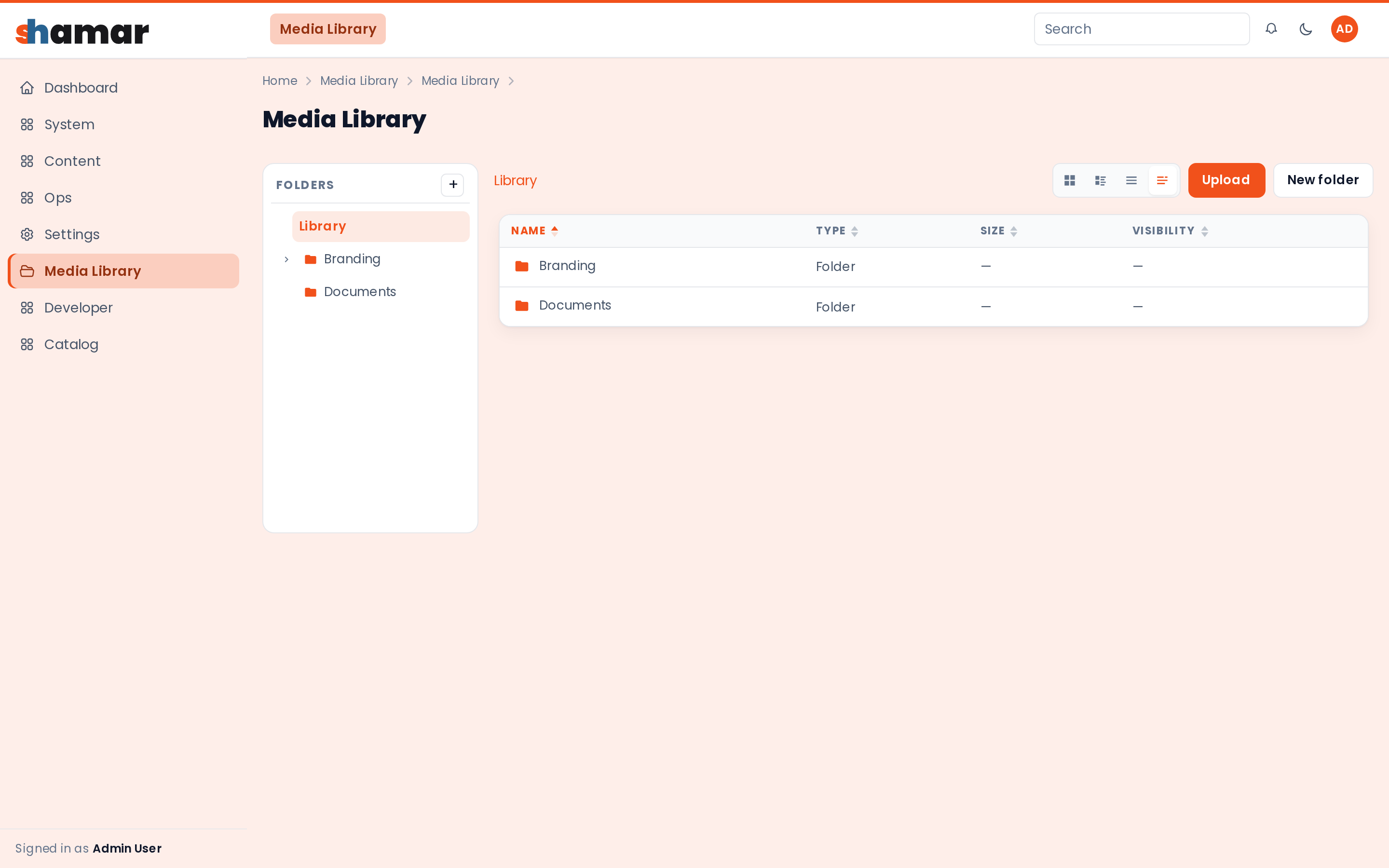 Media library with folder tree and file grid