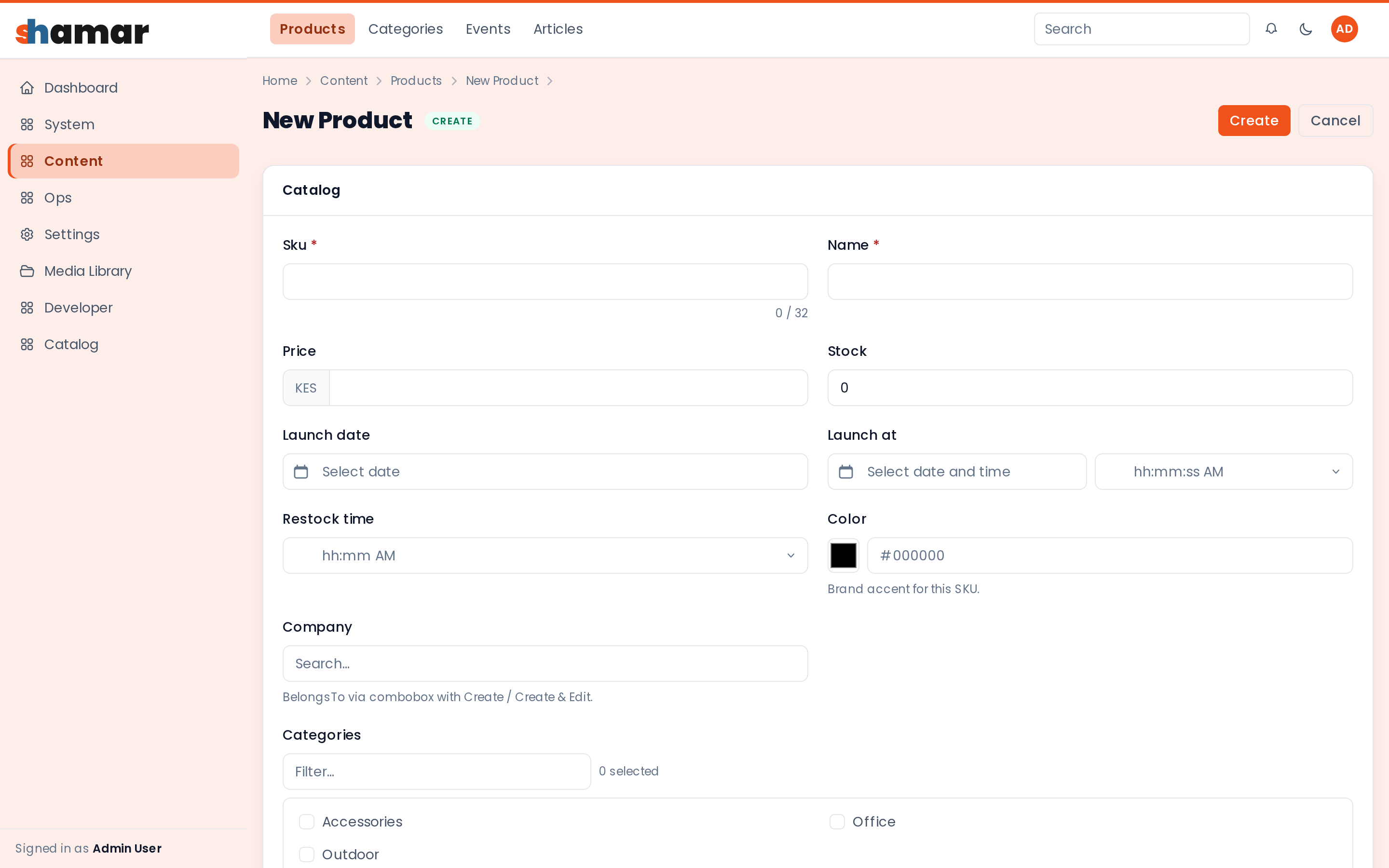 Create product form with sections, tabs, grids, and field widgets