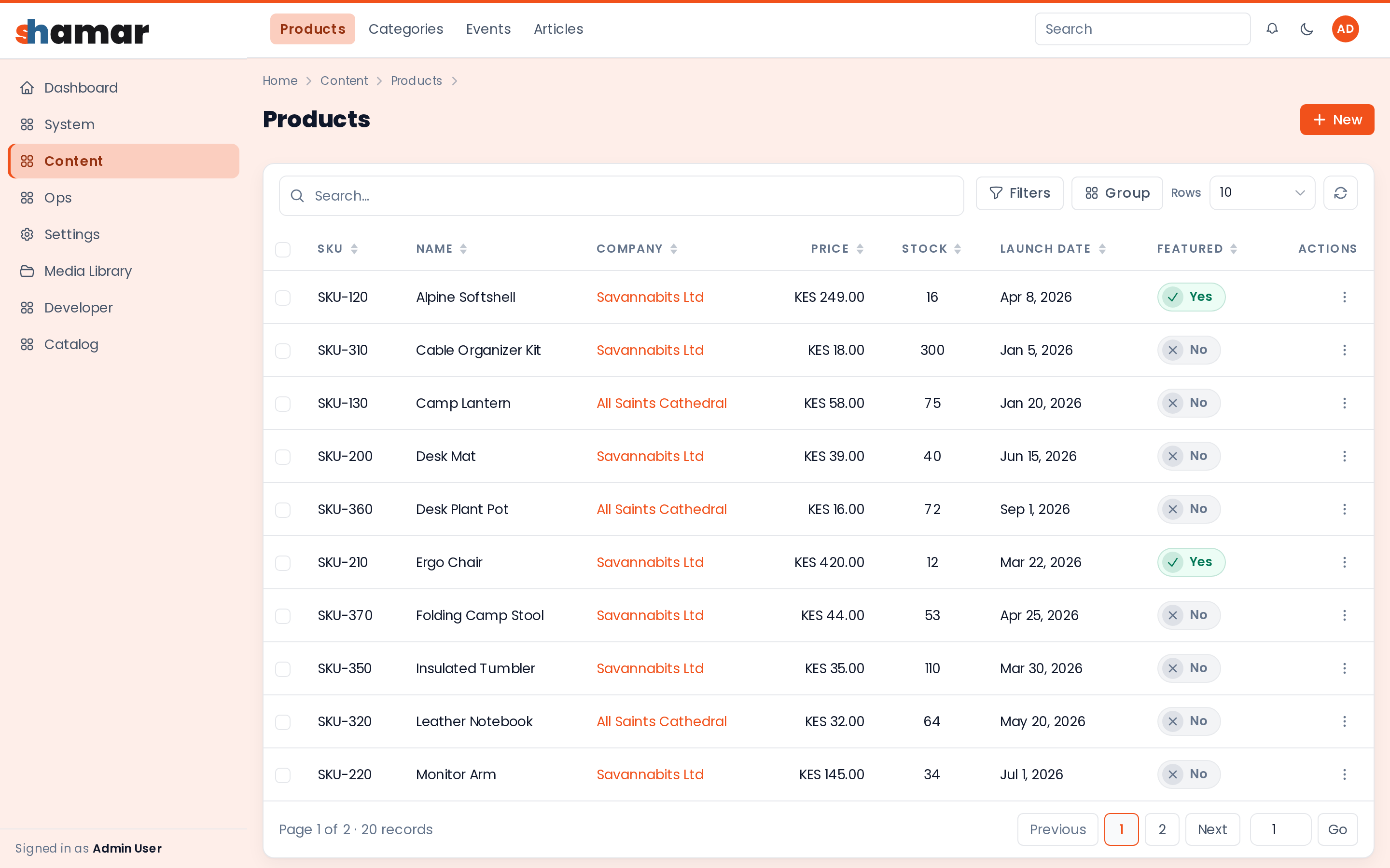 Products resource list with search, filters, pagination, and row actions